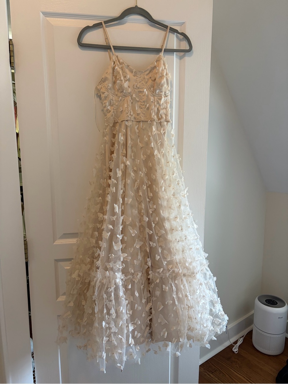 Cream Midi Dress with Floral Appliqué and Spaghetti Straps